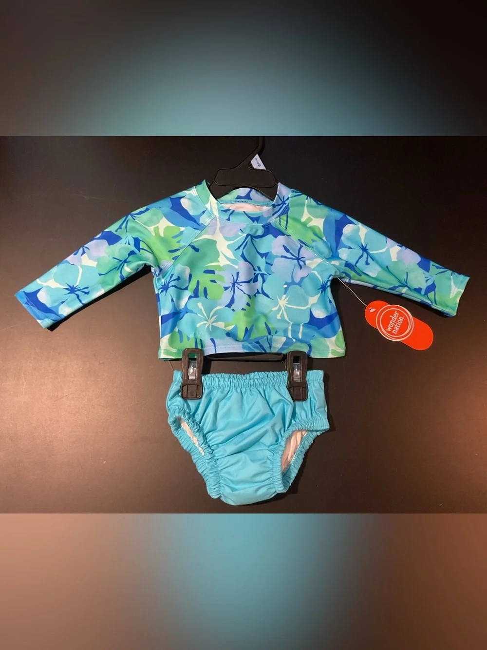 Kids Blue & Green Floral Long-Sleeve Rash Guard Swim Set NWT
